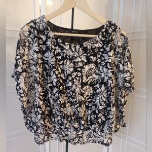 Style & Co Women's PM Blouse Nylon Tulle Black White Floral Overlay Smocked